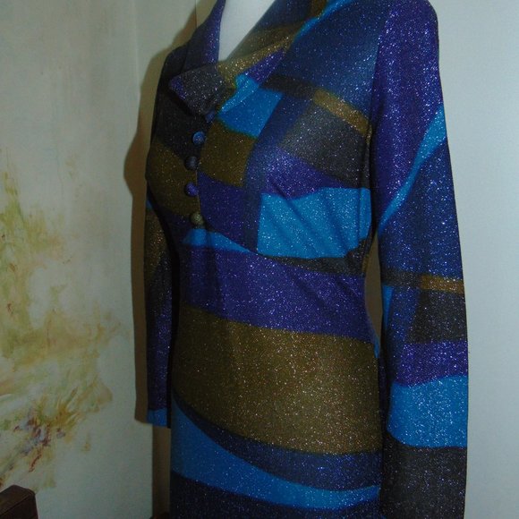 Englands " Mary Wilson" Vintage 70's Maxi Sexy Metallic Dress M Studio 54 Blue - Picture 4 of 12